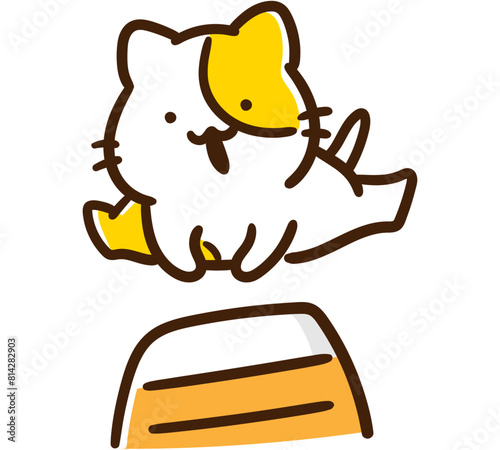 跳び箱を飛ぶかわいいねこのキャラクターのデフォルメイラスト