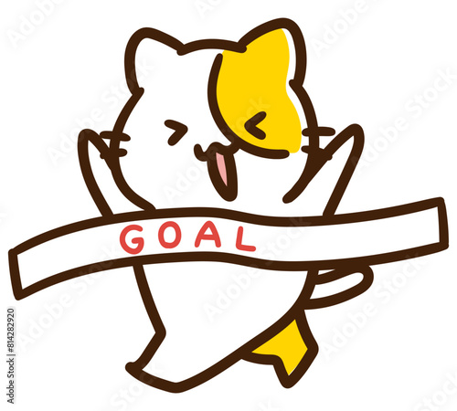 マラソンでゴールするかわいいねこのキャラクターのデフォルメイラスト