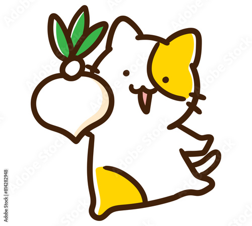 大きな株を収穫するかわいいねこのキャラクターのデフォルメイラスト