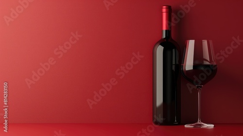A bottle of red wine and a glass of red wine on a red background. AIG51A.