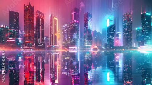 a futuristic cityscape with skyscrapers decorated with colorful neon signs  radiating light into the sky and reflecting on the shiny surfaces below.