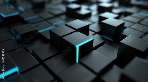 abstract background black cubes with light blue glowing edges  3d wallpaper  business background 