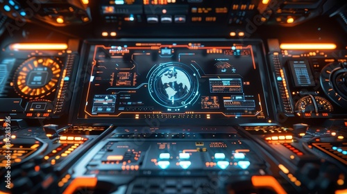 A futuristic graphic interface display for a spacecraft control panel, featuring holographic buttons and 3D maps