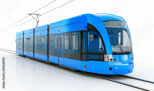 Blue modern tram on a white background - A sleek, modern blue tram isolated on a white background, showcasing its design and engineering © Tida