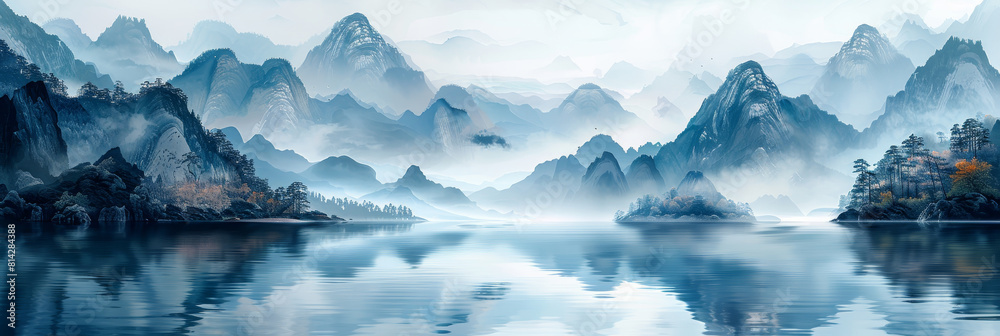Misty mountain landscape with serene lake - A tranquil scene with layered mountain ranges and a calm lake reflecting the skyline in cool tones Misty mountain landscape with serene lake - A tranquil scene with layered mountain ranges and a calm lake reflecting the skyline in cool tones