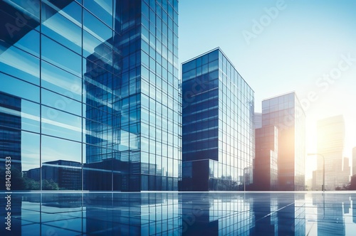 Modern office building with glass walls  blue sky and warm sunlight. Generative AI.