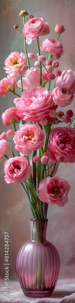 Obraz premium A beautiful bouquet of a variety of pink flowers including roses, tulips and poppies. 