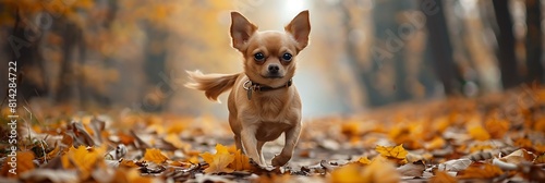 little chihuahua dog walks in autumn park, walk with a little chihuahua dog in autumn realistic nature and landscape #814284722
