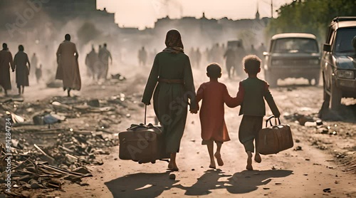 Une famille de réfugiés témoin de la destruction de leur ville photo