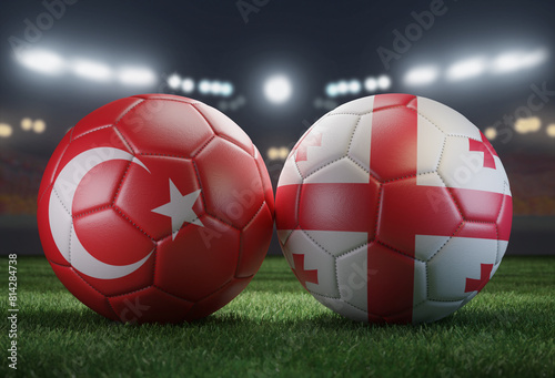 Two soccer balls in flags colors on a stadium blurred background. Group F. Turkey and Georgia. 3D image.