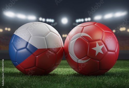Two soccer balls in flags colors on a stadium blurred background. Group F. Czech and Turkey. 3D image.
