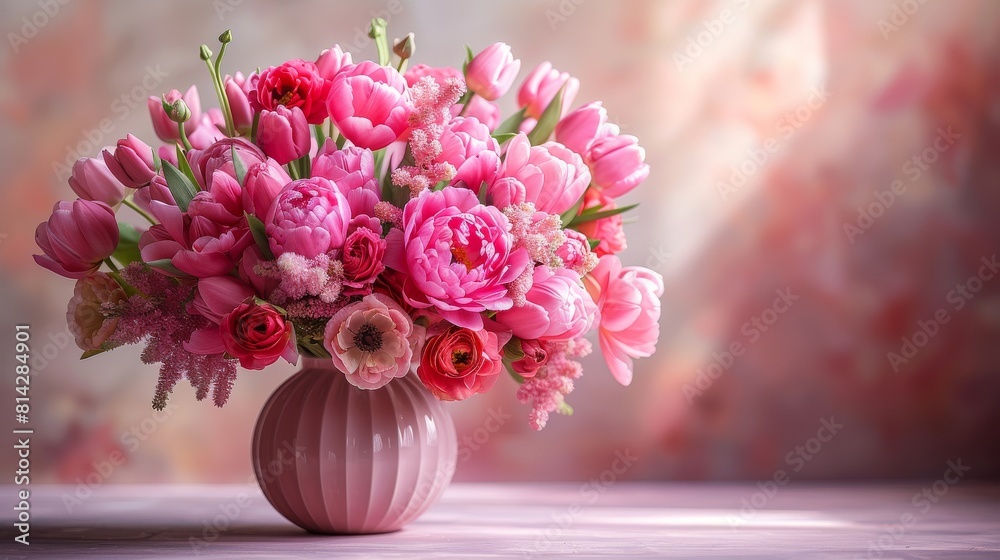 A beautiful bouquet of a variety of pink flowers including roses, tulips and poppies. A beautiful bouquet of a variety of pink flowers including roses, tulips and poppies.