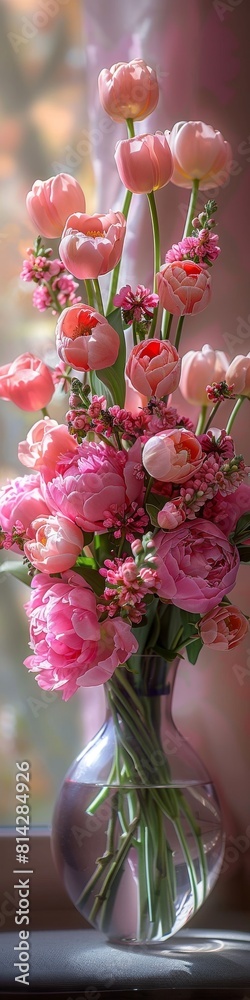 A beautiful bouquet of a variety of pink flowers including roses, tulips and poppies. A beautiful bouquet of a variety of pink flowers including roses, tulips and poppies.
