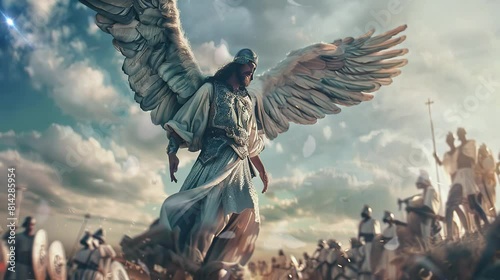 a kind angel who stands in the middle of the battlefield, who prevents war from happening photo