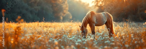 Little horse grazing in a meadow realistic nature and landscape photo