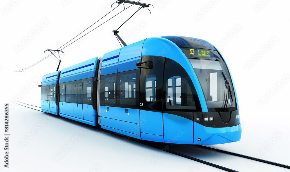 Modern blue urban tram in dynamic pose - Dynamic shot of a contemporary tram in blue, highlighting its mobility and urban use