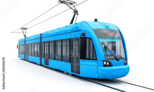 Sleek blue tram front angle view on white - Front angle view of a modern blue tram isolated on white, emphasizing its futuristic aerodynamic design