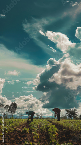 Silhouettes of farmers against dramatic sky - Striking image with farmers  silhouettes working the land against a backdrop of a dramatic cloud-filled sky