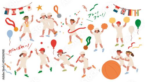 運動会、家族でお弁当を食べるイラスト、白の体操着を着た子どもの競技などの手描きイラスト素材セット