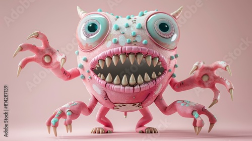 Pink and blue 3D rendering of a cute cartoon monster. AI.