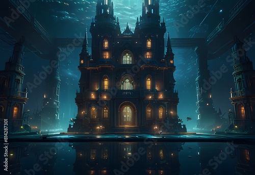 underwater city with glowing lights, generative AI