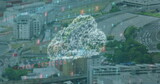 Image of data processing and cloud over cityscape