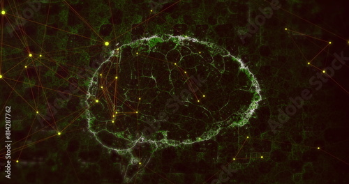 Image of human brain and network of connections over dark background