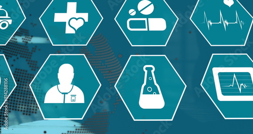 Image of medical icons over globe and data processing