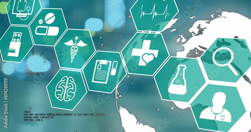 Image of hexagons with medical icons over globe on green background