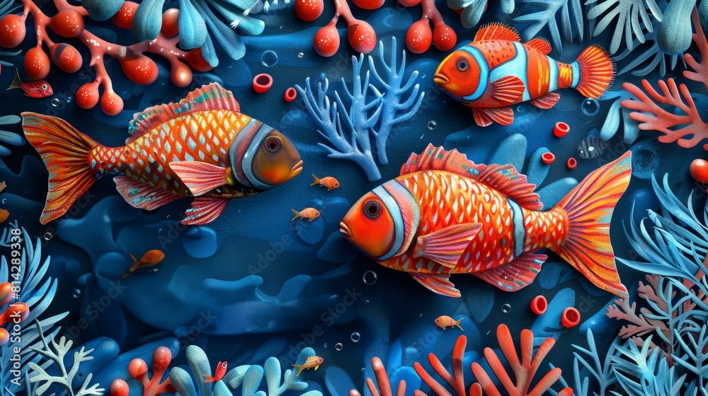 Fototapeta premium Three orange fish swimming in a blue ocean