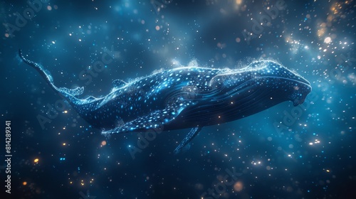 A whale is swimming in the ocean with a starry sky in the background