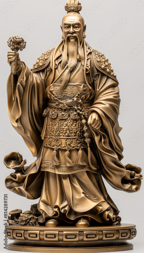 Standing bronze statue of a Chinese god - Vertical image of a Chinese god statue, exquisitely detailed, symbolizing authority and cultural tradition in glossy bronze finish Standing bronze statue of a Chinese god - Vertical image of a Chinese god statue, exquisitely detailed, symbolizing authority and cultural tradition in glossy bronze finish