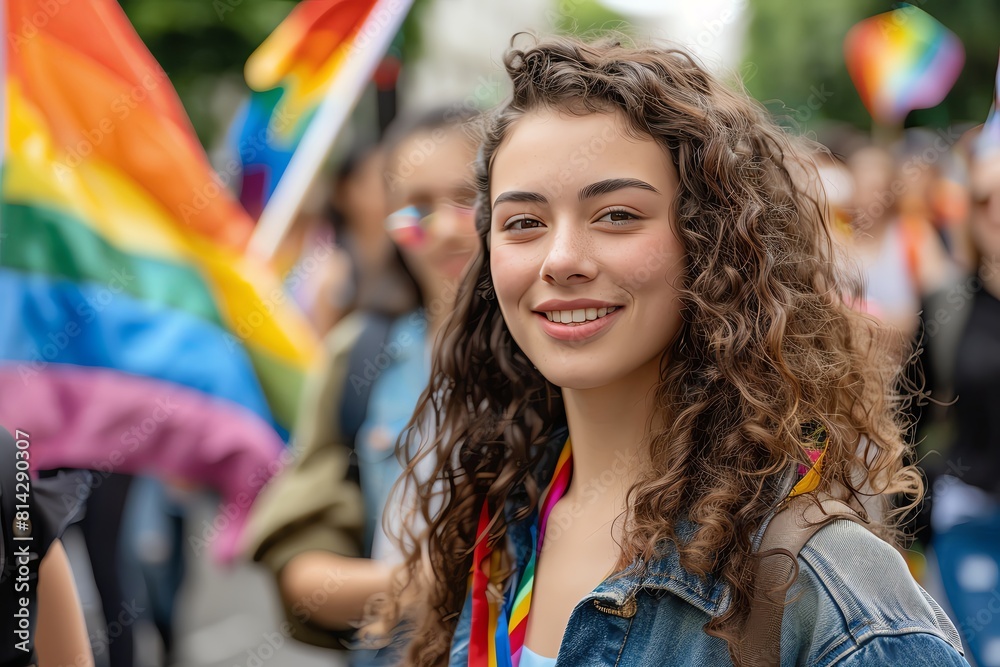 A frame of young women with rainbow flags at the pride parade, smiling and walking in front of the camera. Some have curly hair, some long straight hair, some wear jeans and jackets. A frame of young women with rainbow flags at the pride parade, smiling and walking in front of the camera. Some have curly hair, some long straight hair, some wear jeans and jackets.