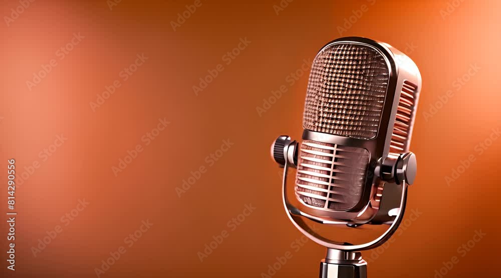microphone de style vintage chromé posé sur un pied dans un fond coloré uni orange