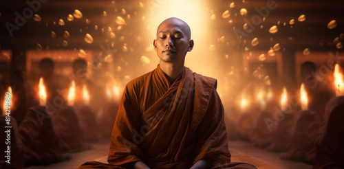 A Buddhist monk meditates with other monks in the background, their atmospheric ambiance reflecting tachist and photobashing. photo