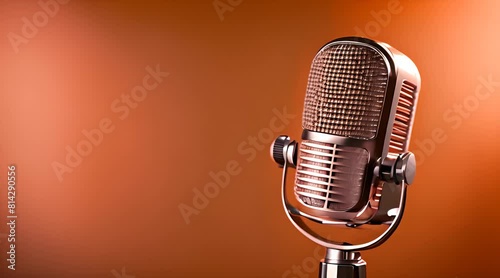 microphone de style vintage chromé posé sur un pied dans un fond coloré uni orange photo