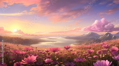 A field of flowers at sunset