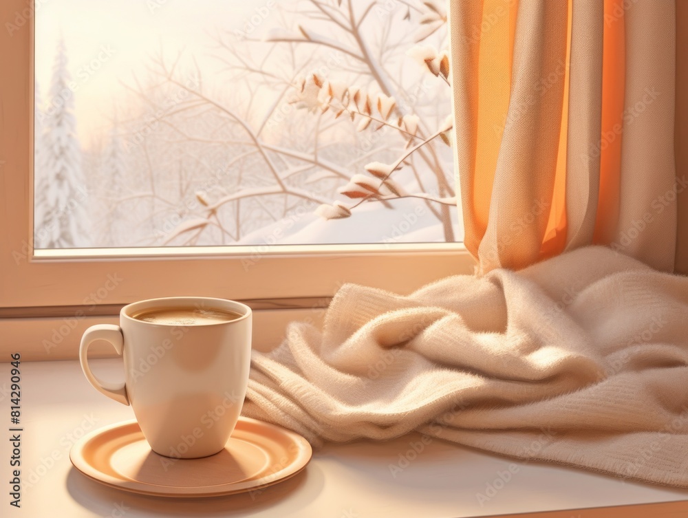 A winter window with a cup of coffee in the window a calming, and horizons in light orange and light maroon. A winter window with a cup of coffee in the window a calming, and horizons in light orange and light maroon.