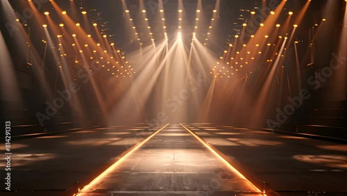 A grand stage bathed in golden spotlights, creating a mesmerizing display of light and shadow