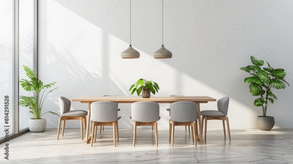 Fototapeta premium Modern dining room interior with a wooden table, gray chairs, and a pendant lamp. gray and white background, minimalist concept. 3D Rendering