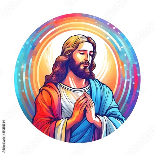 Praying Jesus sticker illustration image with circular background