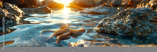 Little octopus crawls between the stones in low tide sea water and the beautiful sunrise realistic nature and landscape photo