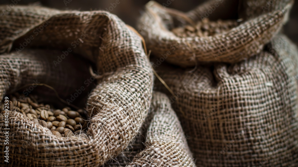 A detailed image of burlap sacks overflowing with raw coffee beans, suggesting aroma and quality A detailed image of burlap sacks overflowing with raw coffee beans, suggesting aroma and quality