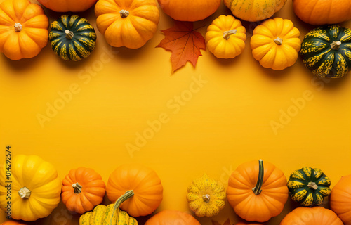 A vibrant yellow background with pumpkins and autumn leaves  creating an atmosphere of fall celebration