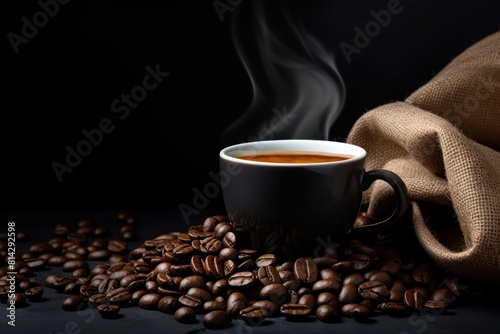 Cup of freshly brewed coffee with coffee beans around the cup dark background