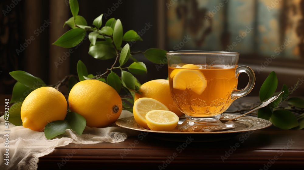 A photo of lemon tea in a glass cup with lemon slices decorated on top A photo of lemon tea in a glass cup with lemon slices decorated on top