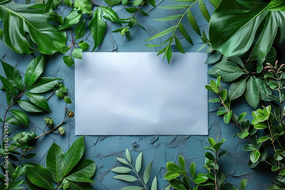 Blank white paper sheet with green leaves on blue textured background