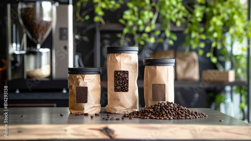 Artfully arranged coffee beans and packaging materials on a wooden table within a cozy, plant-filled cafe atmosphere © Tida