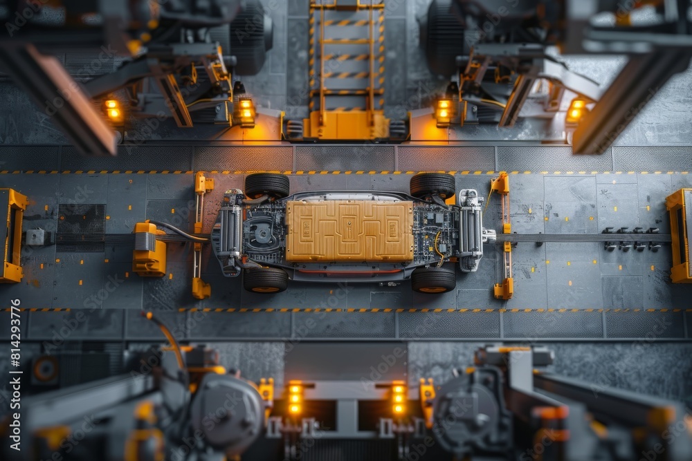 Top view of electric car vehicle battery on factory conveyor Top view of electric car vehicle battery on factory conveyor