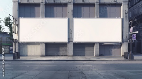 A modern light gray building exterior with two blank white billboards for advertising, set on an urban street backdrop, Generative AI